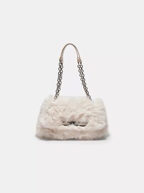 Cream Faux Fur Shoulder Bag with Chain Strap